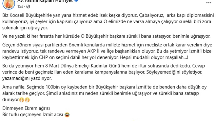 İzmit Belediye Başkanı Fatma Kaplan Hürriyet’ten Büyükakın’a Sert Yanıt